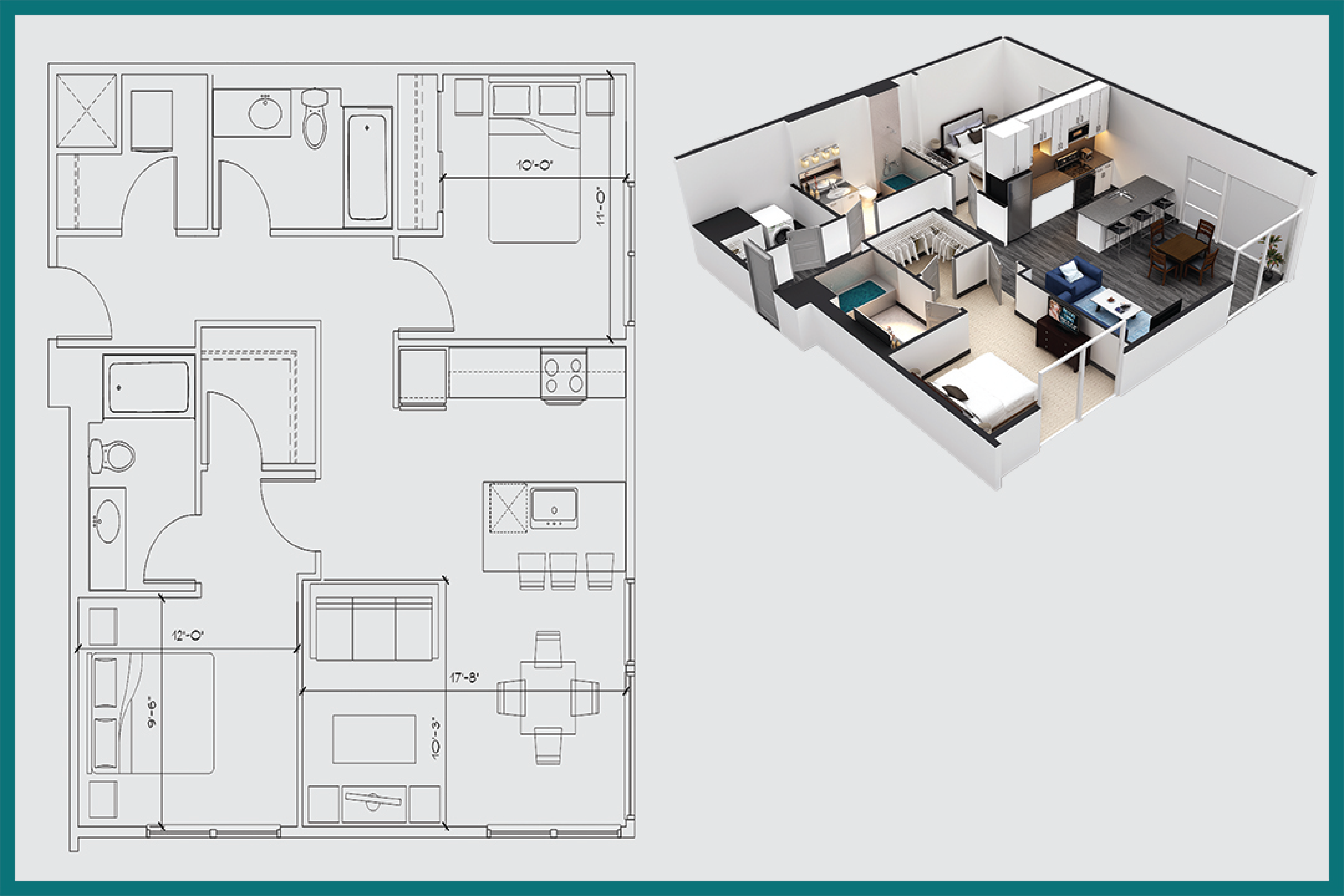 Floor plan for 2 beds, 2 baths, 1130 sqft